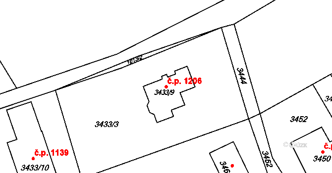 Jablunkov 1206 na parcele st. 3433/9 v KÚ Jablunkov, Katastrální mapa