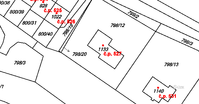 Hanušovice 527 na parcele st. 1133 v KÚ Hanušovice, Katastrální mapa
