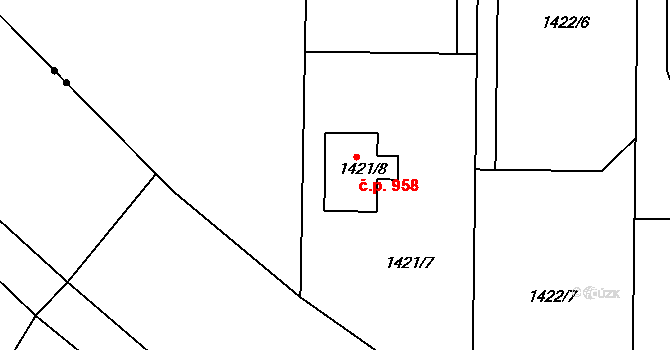 Čakovice 958, Praha na parcele st. 1421/8 v KÚ Čakovice, Katastrální mapa