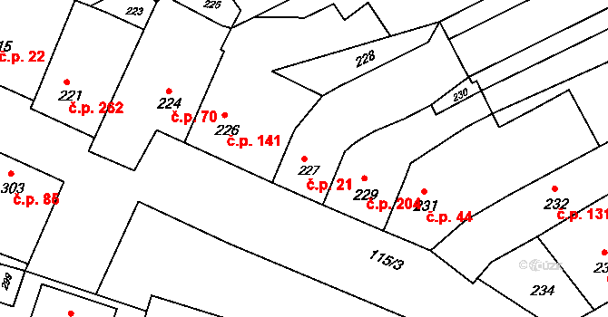 Milešovice 21 na parcele st. 227 v KÚ Milešovice, Katastrální mapa