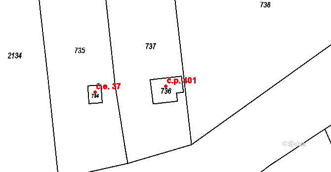 Zádveřice 401, Zádveřice-Raková na parcele st. 736 v KÚ Zádveřice, Katastrální mapa