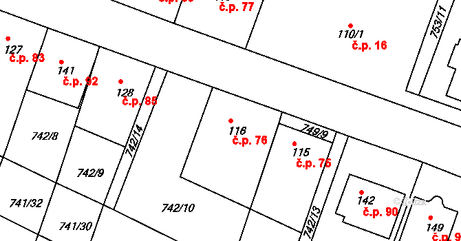 Podbřežice 76 na parcele st. 116 v KÚ Podbřežice, Katastrální mapa