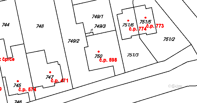 Kylešovice 598, Opava na parcele st. 750 v KÚ Kylešovice, Katastrální mapa
