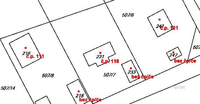 Lhotka 118 na parcele st. 231 v KÚ Lhotka u Mělníka, Katastrální mapa