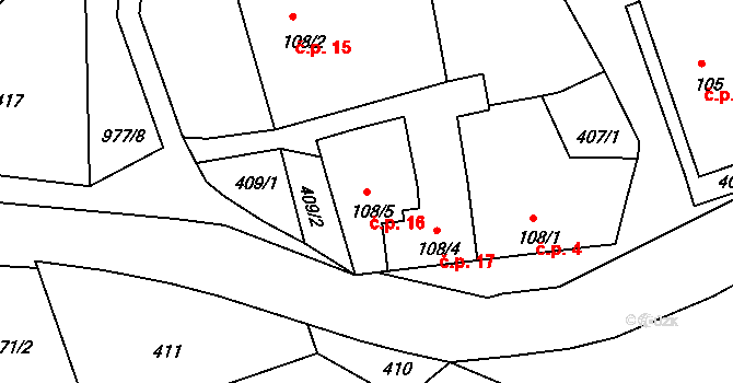 Saky 16, Třebichovice na parcele st. 108/5 v KÚ Saky, Katastrální mapa