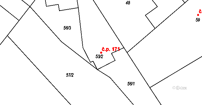 Bušín 171 na parcele st. 53/2 v KÚ Bušín, Katastrální mapa