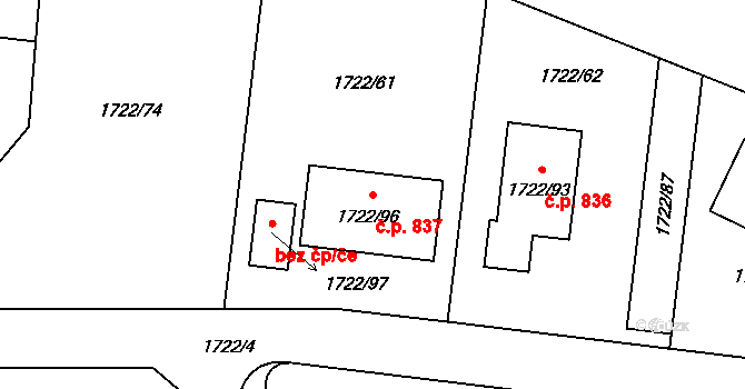 Miřetice u Klášterce nad Ohří 837, Klášterec nad Ohří na parcele st. 1722/96 v KÚ Miřetice u Klášterce nad Ohří, Katastrální mapa