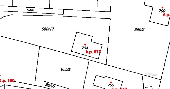 Zásmuky 573 na parcele st. 794 v KÚ Zásmuky, Katastrální mapa
