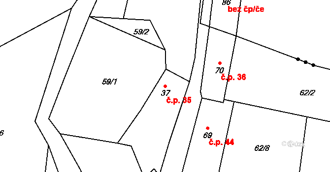 Doubravice u Volyně 35, Čestice na parcele st. 37 v KÚ Počátky u Volyně, Katastrální mapa