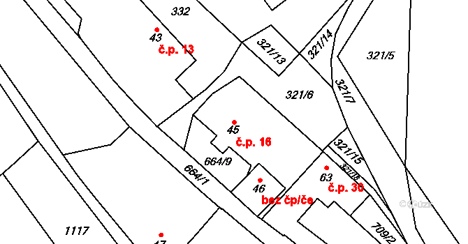 Laciná 16, Myštice na parcele st. 45 v KÚ Vahlovice, Katastrální mapa