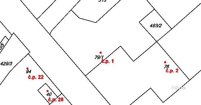 Sulec 1, Toužetín na parcele st. 79/1 v KÚ Toužetín, Katastrální mapa