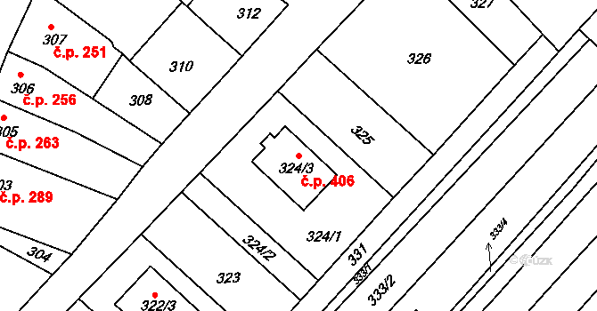Šaratice 406 na parcele st. 324/3 v KÚ Šaratice, Katastrální mapa