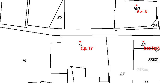 Měrčín 17, Čížkov na parcele st. 13 v KÚ Měrčín, Katastrální mapa