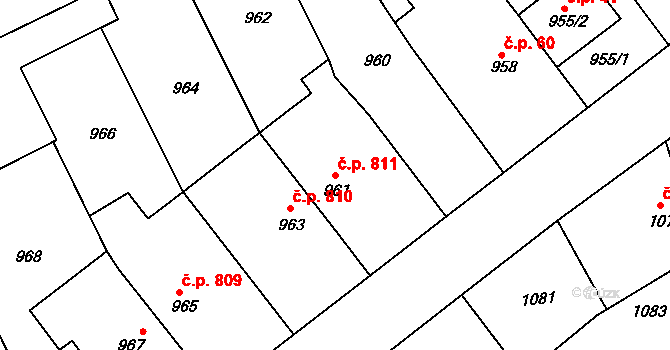 Hustopeče 811 na parcele st. 961 v KÚ Hustopeče u Brna, Katastrální mapa