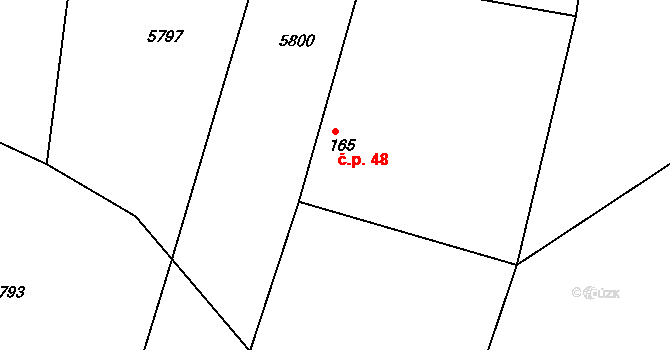 Prasklice 48 na parcele st. 165 v KÚ Prasklice, Katastrální mapa