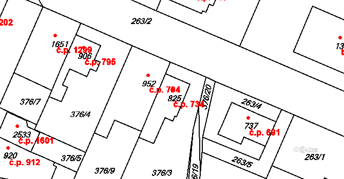 Bystřice pod Hostýnem 734 na parcele st. 825 v KÚ Bystřice pod Hostýnem, Katastrální mapa