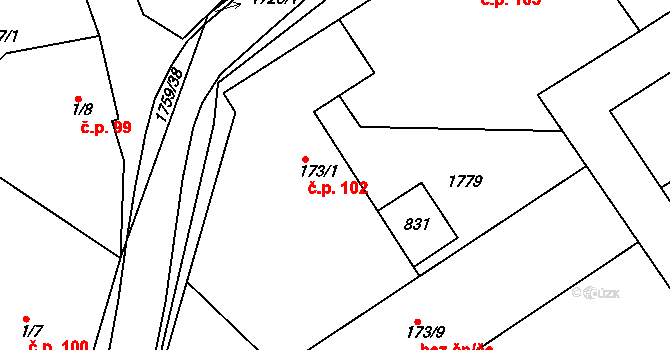 Jevišovice 102 na parcele st. 173/1 v KÚ Jevišovice, Katastrální mapa