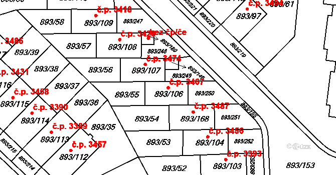 Znojmo 3467 na parcele st. 893/106 v KÚ Znojmo-město, Katastrální mapa