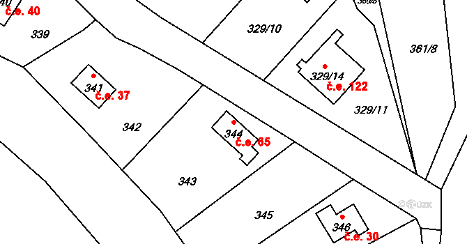 Dojetřice 65, Sázava na parcele st. 344 v KÚ Dojetřice, Katastrální mapa