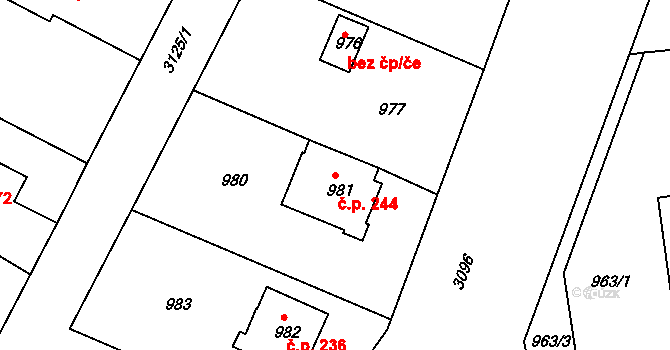 Lyžbice 244, Třinec na parcele st. 981 v KÚ Lyžbice, Katastrální mapa