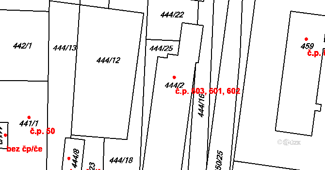 Rajhrad 601,602,603 na parcele st. 444/2 v KÚ Rajhrad, Katastrální mapa