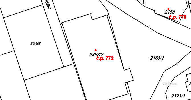 Slavíkovice 772, Rousínov na parcele st. 2362/2 v KÚ Rousínov u Vyškova, Katastrální mapa