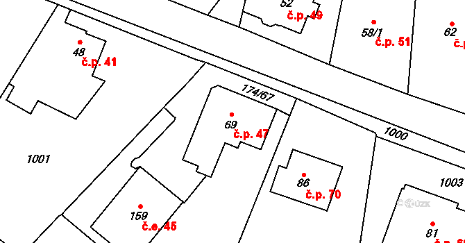 Radimovice 47 na parcele st. 69 v KÚ Radimovice u Sychrova, Katastrální mapa