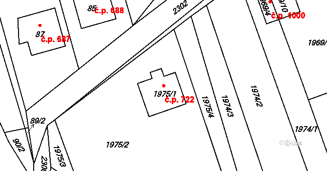 Velká Bystřice 722 na parcele st. 1975/1 v KÚ Velká Bystřice, Katastrální mapa