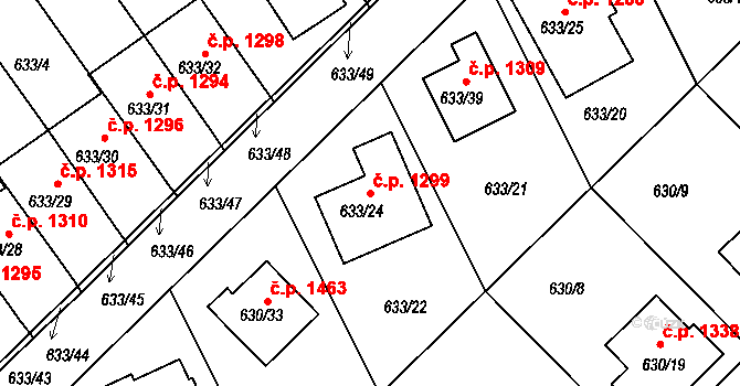 Hořovice 1299 na parcele st. 633/24 v KÚ Velká Víska, Katastrální mapa