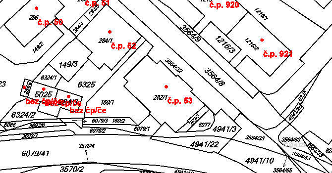 Rožnov pod Radhoštěm 53 na parcele st. 282/1 v KÚ Rožnov pod Radhoštěm, Katastrální mapa