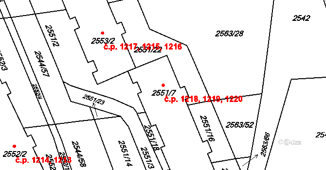 Valašské Meziříčí 1218,1219,1220 na parcele st. 2551/7 v KÚ Valašské Meziříčí-město, Katastrální mapa