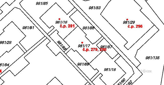 Chlumec 279,280 na parcele st. 981/18 v KÚ Chlumec u Chabařovic, Katastrální mapa
