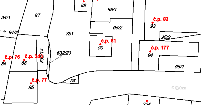 Dymokury 81 na parcele st. 90 v KÚ Dymokury, Katastrální mapa