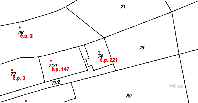 Mstišov 221, Dubí na parcele st. 74 v KÚ Mstišov, Katastrální mapa