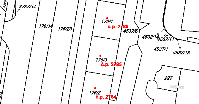Teplice 2785 na parcele st. 176/3 v KÚ Teplice, Katastrální mapa
