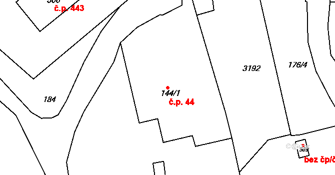 Roštín 44 na parcele st. 144/1 v KÚ Roštín, Katastrální mapa