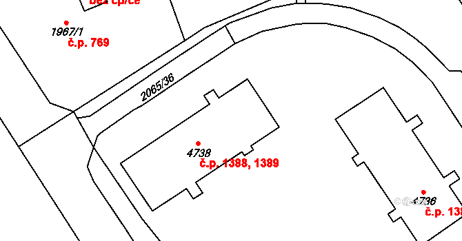 Cheb 1388,1389 na parcele st. 4738 v KÚ Cheb, Katastrální mapa