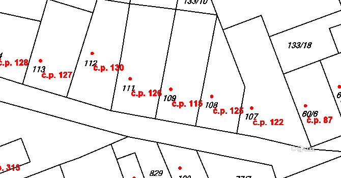 Luštěnice 115 na parcele st. 109 v KÚ Luštěnice, Katastrální mapa