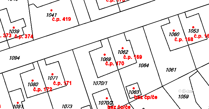 Vinoř 170, Praha na parcele st. 1069 v KÚ Vinoř, Katastrální mapa