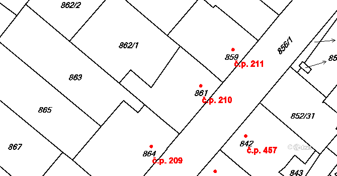 Suchdol nad Lužnicí 210 na parcele st. 861 v KÚ Suchdol nad Lužnicí, Katastrální mapa