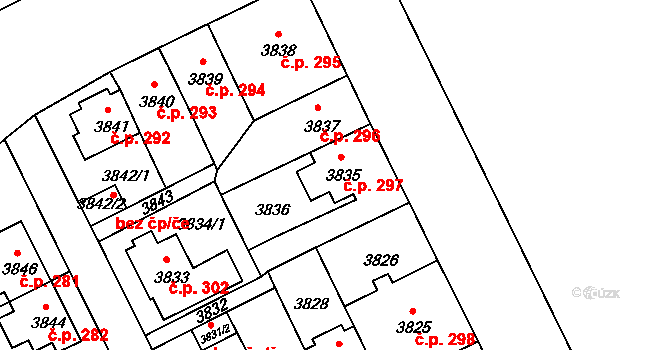 Záběhlice 297, Praha na parcele st. 3835 v KÚ Záběhlice, Katastrální mapa