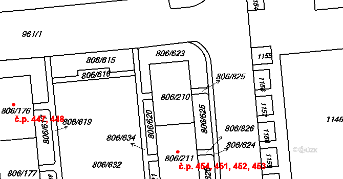 Malešice 451,452,453,454, Praha na parcele st. 806/211 v KÚ Malešice, Katastrální mapa