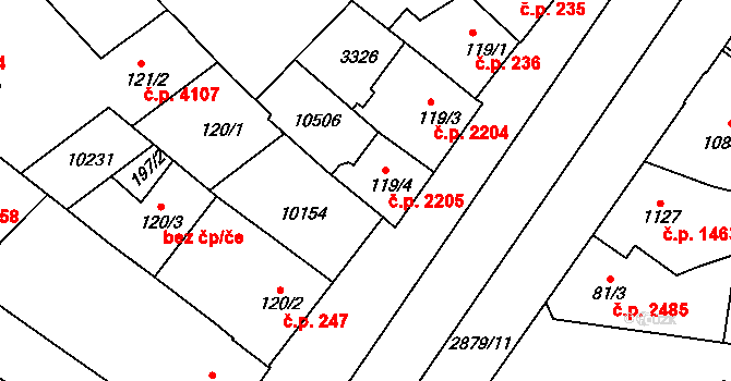 Hodonín 2205 na parcele st. 119/4 v KÚ Hodonín, Katastrální mapa
