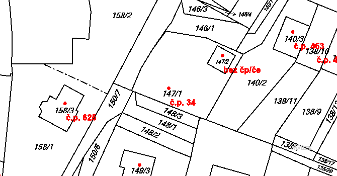 Křimice 34, Plzeň na parcele st. 147/1 v KÚ Křimice, Katastrální mapa