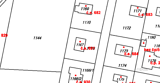 Káraný 681 na parcele st. 1167 v KÚ Káraný, Katastrální mapa