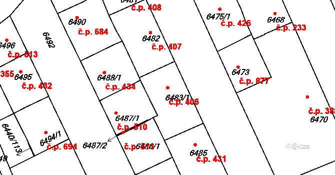 Kladno 406 na parcele st. 6483/1 v KÚ Kladno, Katastrální mapa