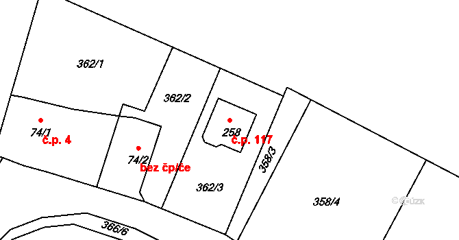Zárybničná Lhota 117, Tábor na parcele st. 258 v KÚ Zárybničná Lhota, Katastrální mapa