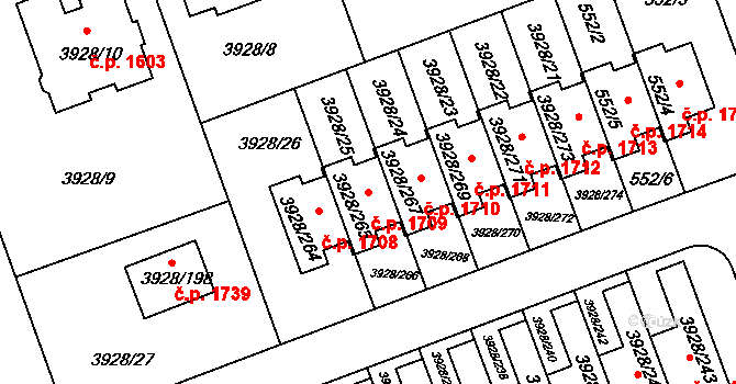 Úvaly 1709 na parcele st. 3928/265 v KÚ Úvaly u Prahy, Katastrální mapa