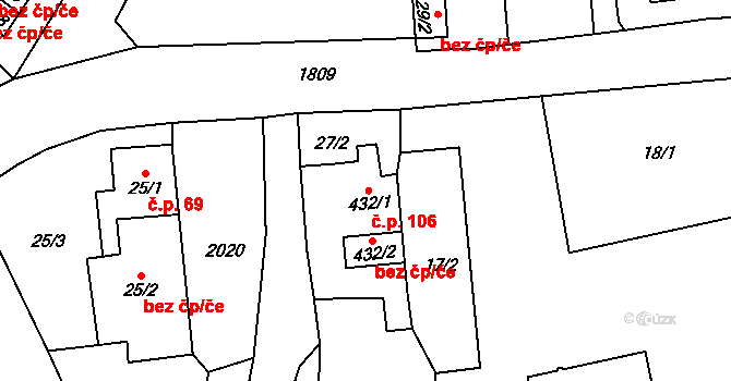 Ryžoviště 106 na parcele st. 432/1 v KÚ Ryžoviště, Katastrální mapa
