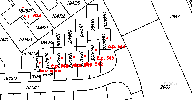 Měnín 543 na parcele st. 1844/15 v KÚ Měnín, Katastrální mapa